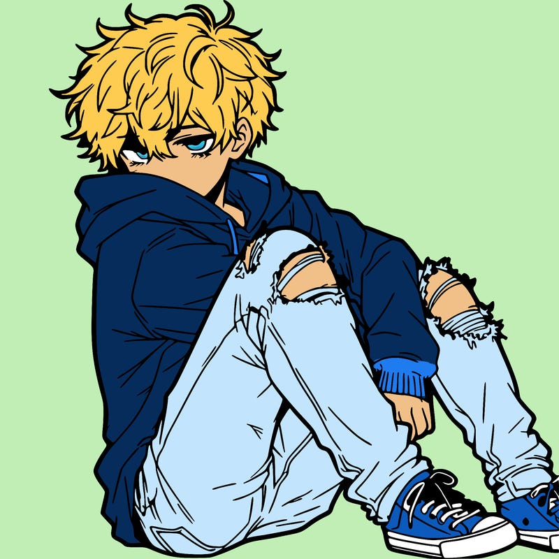 a male hoddie ripped jeans messy hair anime