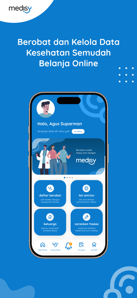 Medisy - Medical Records - Écran d'accueil de l'application de dossiers médicaux Medisy montrant le tableau de bord utilisateur avec les options d'enregistrement médical, de suivi de file d'attente et de gestion de la santé familiale
