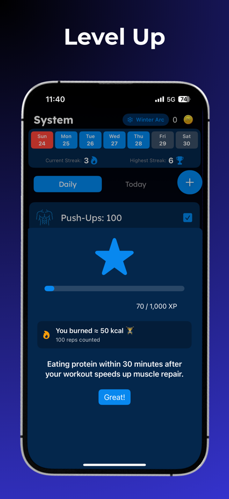 Solo X Player Leveling Workout - Tela de um aplicativo móvel para Solo X Player mostrando um desafio de 100 flexões concluído com uma barra de progresso para ganhar XP e subir de nível.