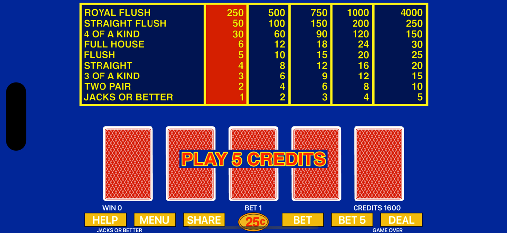 ペイテーブルとカードを備えたジャックオアベターのクラシックビデオポーカーゲームインターフェイス