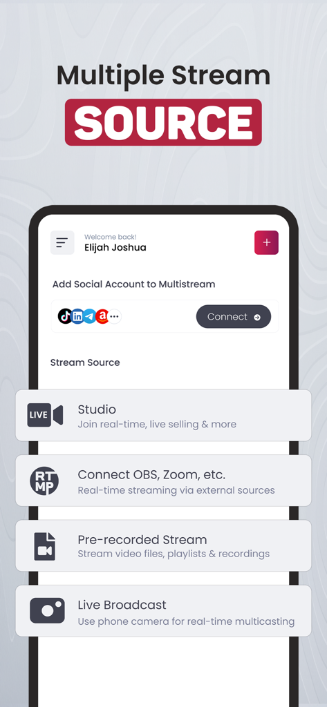OneStream Live - Interface de l'application OneStream Live montrant diverses options de source de flux, y compris Studio, OBS et vidéo pré-enregistrée.