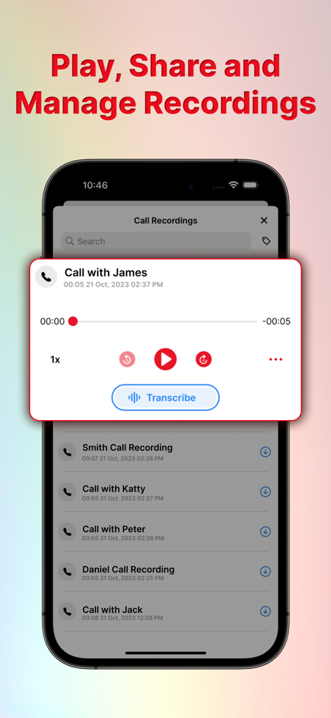 Call Recorder App: Record Call - An iPhone screen displaying a list of recorded phone calls with a playback window and a button to transcribe the audio into text
