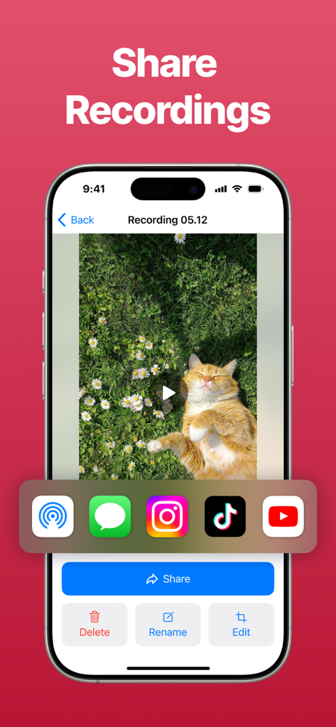 Interface of the screen recorder app showing options to share a recorded video to platforms like TikTok, Instagram, and YouTube.