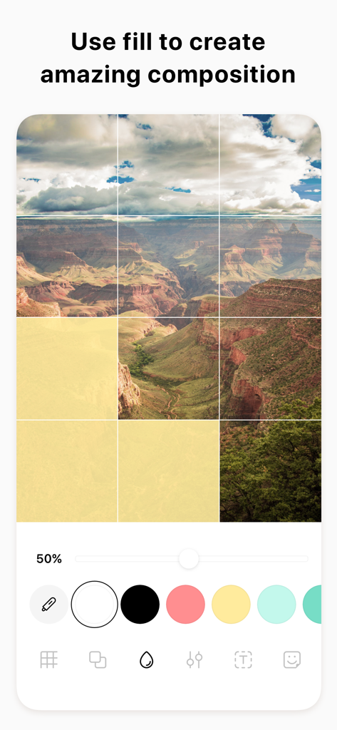 Pic Collage Post for Instagram - Mobile app interface showing a 3x4 photo grid of a landscape with yellow color fill applied to specific tiles for aesthetic composition.