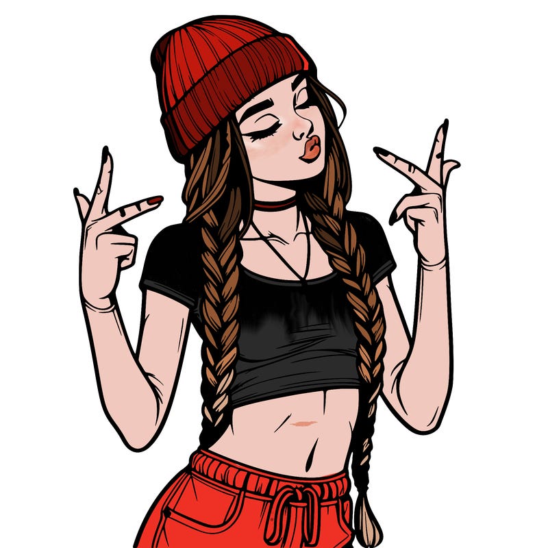 realistic teenage girl with braids and a beanie and crop top doing 🫶🏼