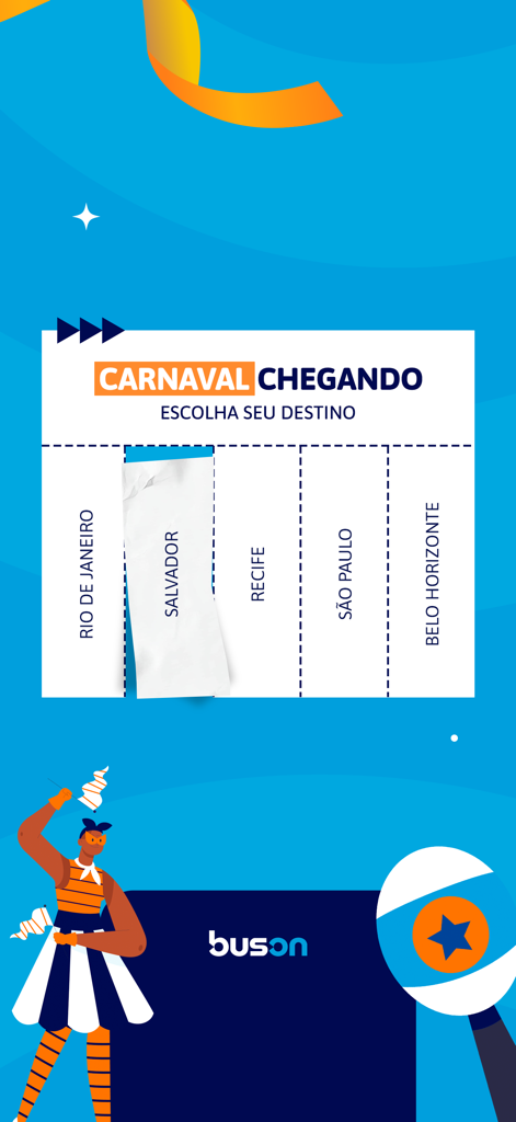 Écran promotionnel pour l'application Buson présentant des destinations touristiques pour le carnaval brésilien, comme Rio de Janeiro et Salvador.