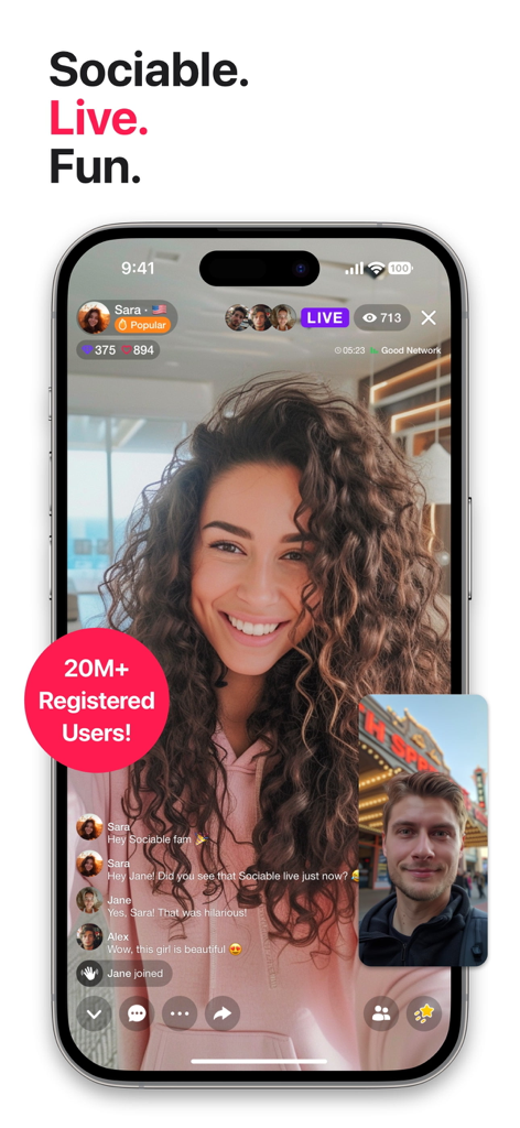 Sociable - Video Chat & Games - A live video chat session on the Sociable app featuring a woman streamer and a male participant