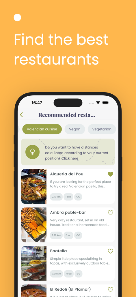Concierge Friend app screen displaying a curated list of local restaurant recommendations with cuisine filters and distance information.