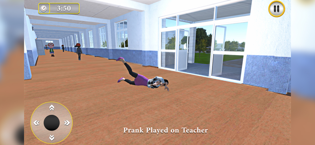 Scary Teacher - Creepy Game 3D - Una maestra tirada en el suelo en un pasillo escolar después de una broma exitosa