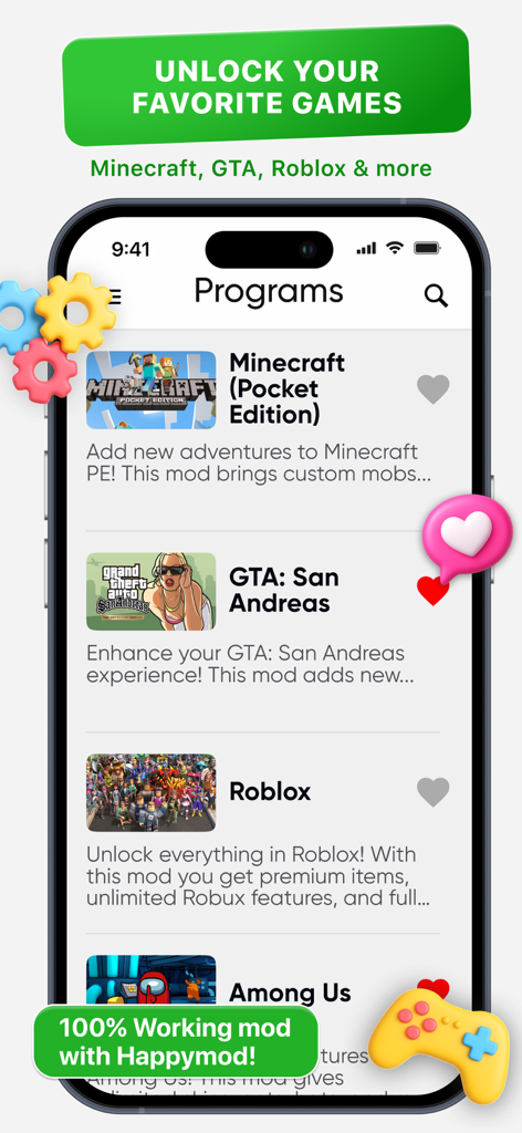 Happi Mod app interface showing a list of mods for Minecraft GTA and Roblox.
