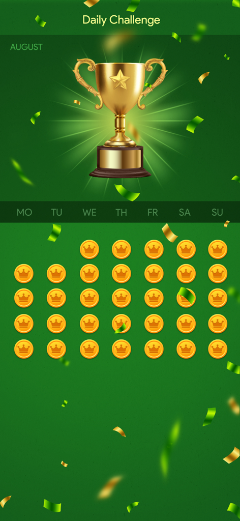 Solitaire Daily: Card Game - Trofeo dorado mostrado sobre un calendario con medallas de desafíos diarios completados en Solitario Diario