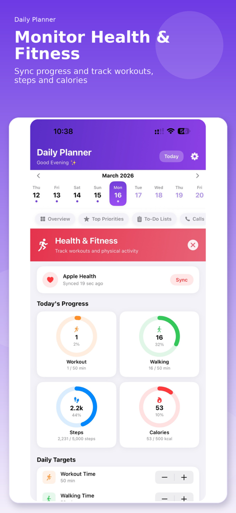 Daily Planner - My Day - Health and fitness tracking dashboard in Daily Planner app showing steps, calories, and workout progress widgets