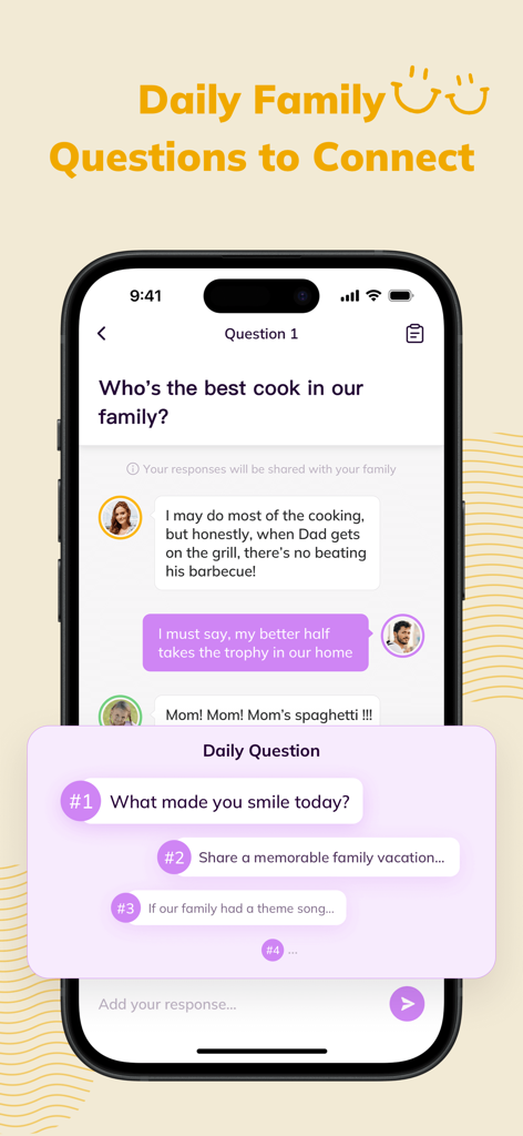 Cubbily: Family Calendar - Capture d'écran mobile de l'application Cubbily mettant en évidence la fonctionnalité Questions Quotidiennes de la Famille avec les réponses des membres de la famille