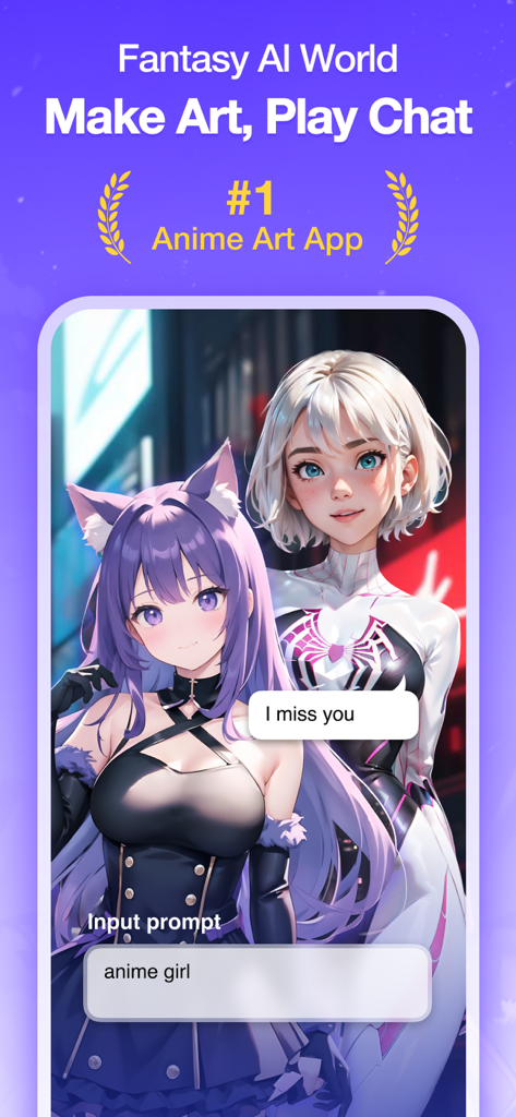 Anime Art AI Generator home screen featuring character art and AI chat functionality