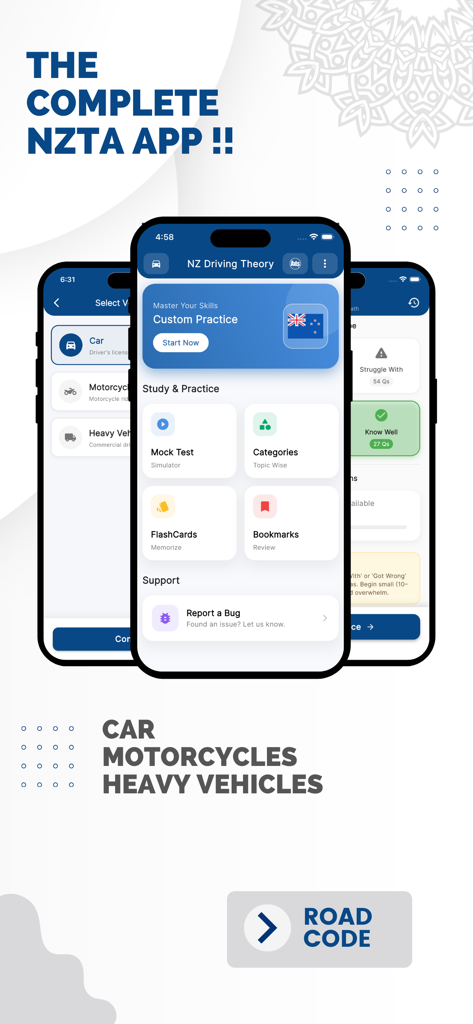 NZ Driving Theory Test 2026 - Interface do aplicativo de teste de teoria de condução da Nova Zelândia mostrando módulos de prática e categorias de veículos