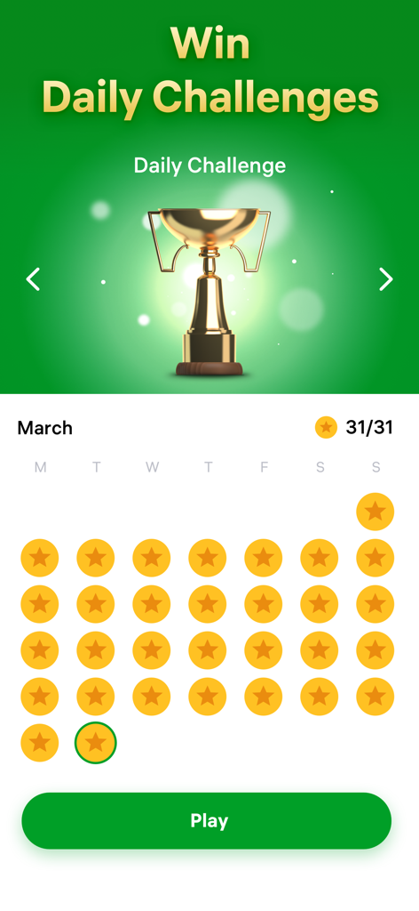 Spider Solitaire – Card Games - Écran des défis quotidiens de Spider Solitaire montrant un calendrier mensuel avec des étoiles et un trophée doré