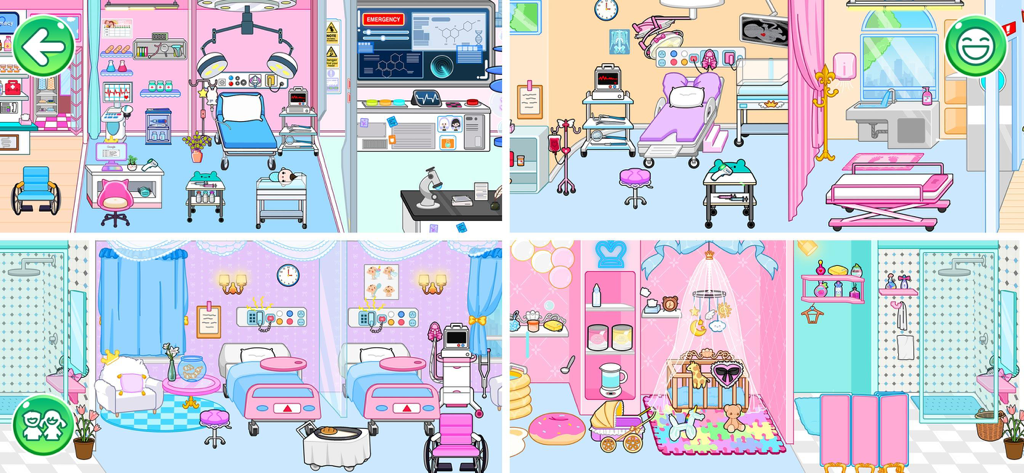 Vier bunte Szenen aus Princess Town Hospital Games, darunter ein Kinderzimmer und medizinische Räume