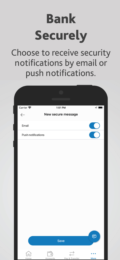 Alterna Bank Mobile Banking - Security notification settings for email and push alerts in the Alterna Bank app