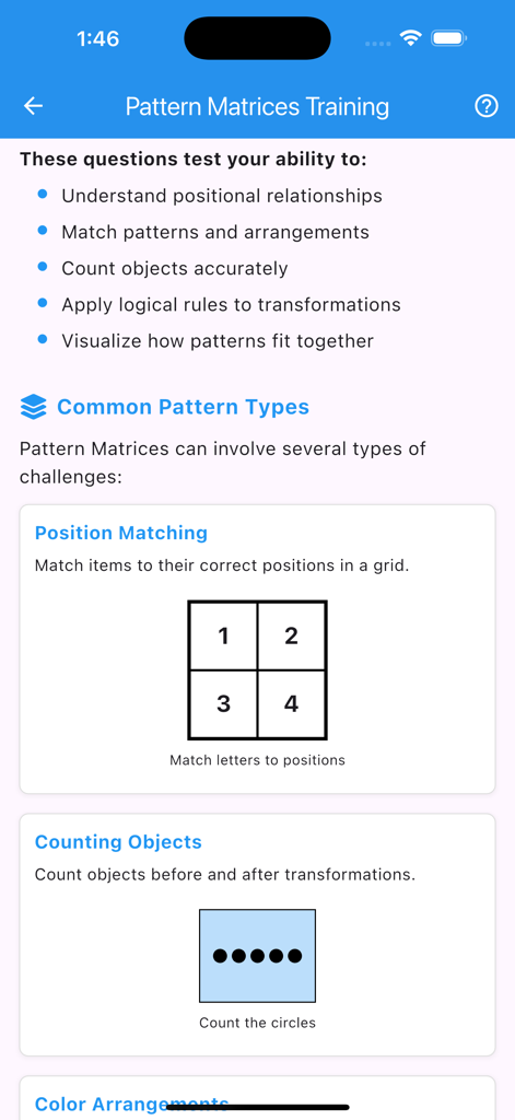 Schermata di allenamento OLSAT per la 6a elementare con matrici di pattern che mostra esempi per l'abbinamento di posizioni e il conteggio di oggetti