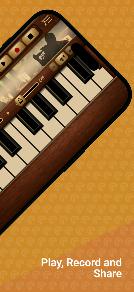 Zurna Sim - Pantalla de la aplicación Zurna Sim mostrando un teclado virtual con opciones de grabación y uso compartido