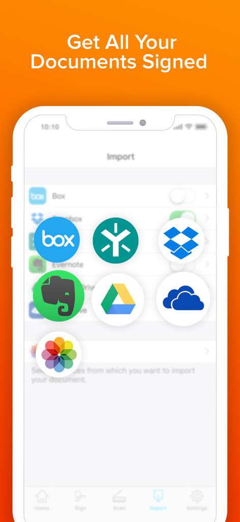 Signature Maker & Esign Now - Signature Maker App-Oberfläche zum Importieren von Dokumenten aus Cloud-Speicherdiensten wie Dropbox und Google Drive