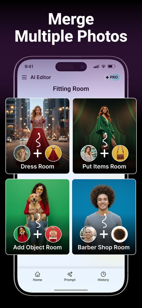 PaintIt AI: AI Image Generator - Interfaz de la aplicación PaintIt AI mostrando opciones para fusionar fotos para moda y funciones de edición