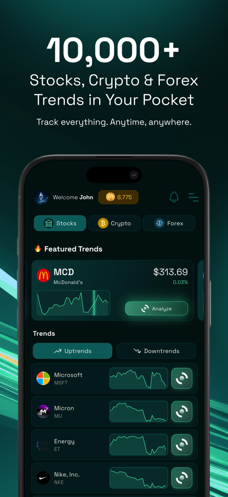 Trend AI: Protect Money & Grow - Panel de la aplicación Trend AI mostrando tendencias de mercado en tiempo real de acciones y criptomonedas con botones de análisis.