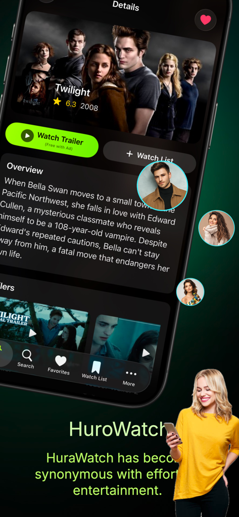Hurawatch : Movies & Trailers - Schermata dell'app Hurawatch che mostra i dettagli del film Twilight, inclusi valutazione, panoramica e pulsanti per guardare trailer o aggiungere alla lista dei desideri.