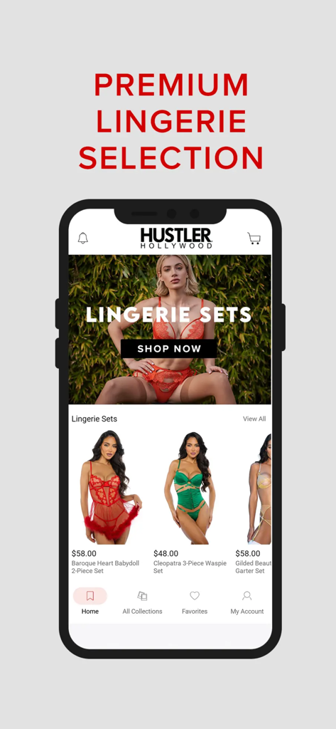 HUSTLER Hollywood - HUSTLER Hollywood mobile app home screen featuring a premium lingerie selection with various sets