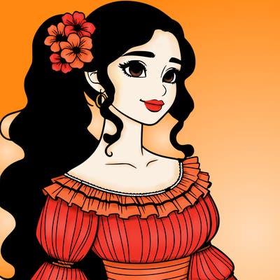 a single latina woman with a side ponytail and a long dress with ruffles. she has a few discreet flowers in her hair. realistic