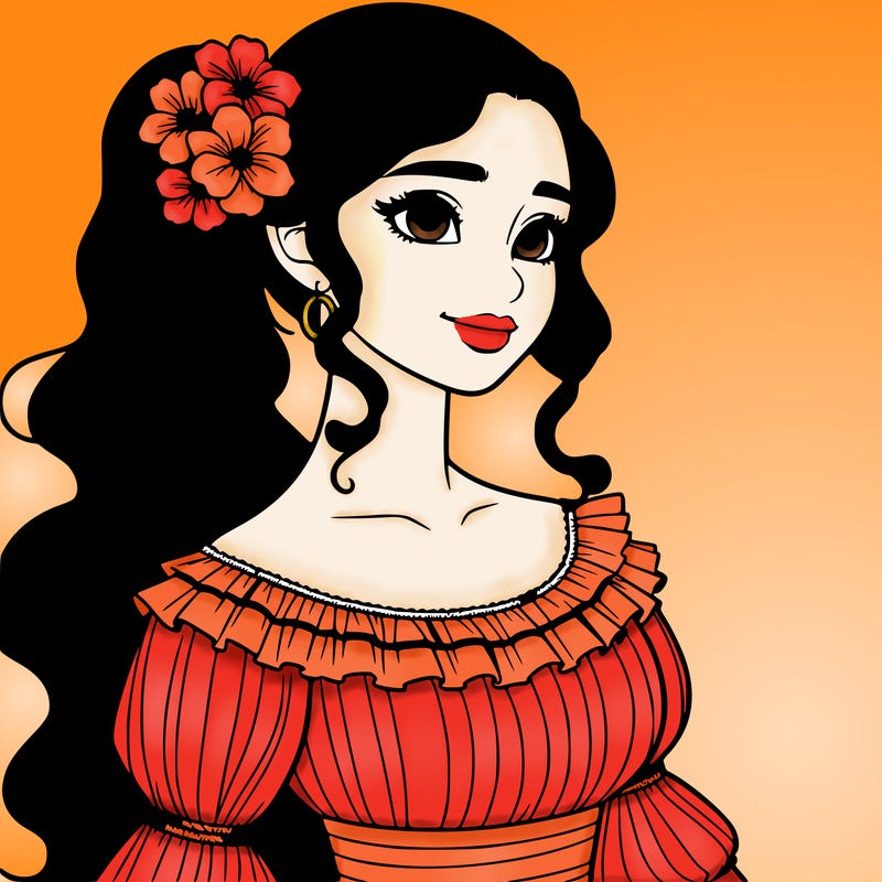 a single latina woman with a side ponytail and a long dress with ruffles. she has a few discreet flowers in her hair. realistic