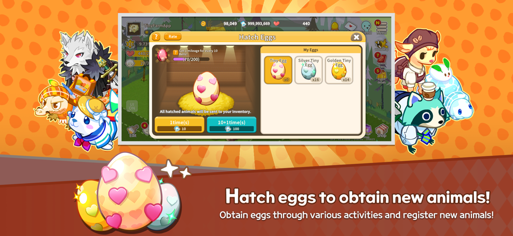 A game menu in Tiny Farm Remastered showing the interface for hatching colorful eggs to collect new animals.