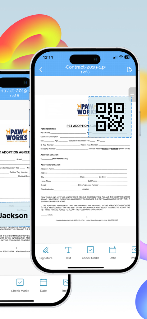 iPhone screen showing a QR code being added to a digital document.