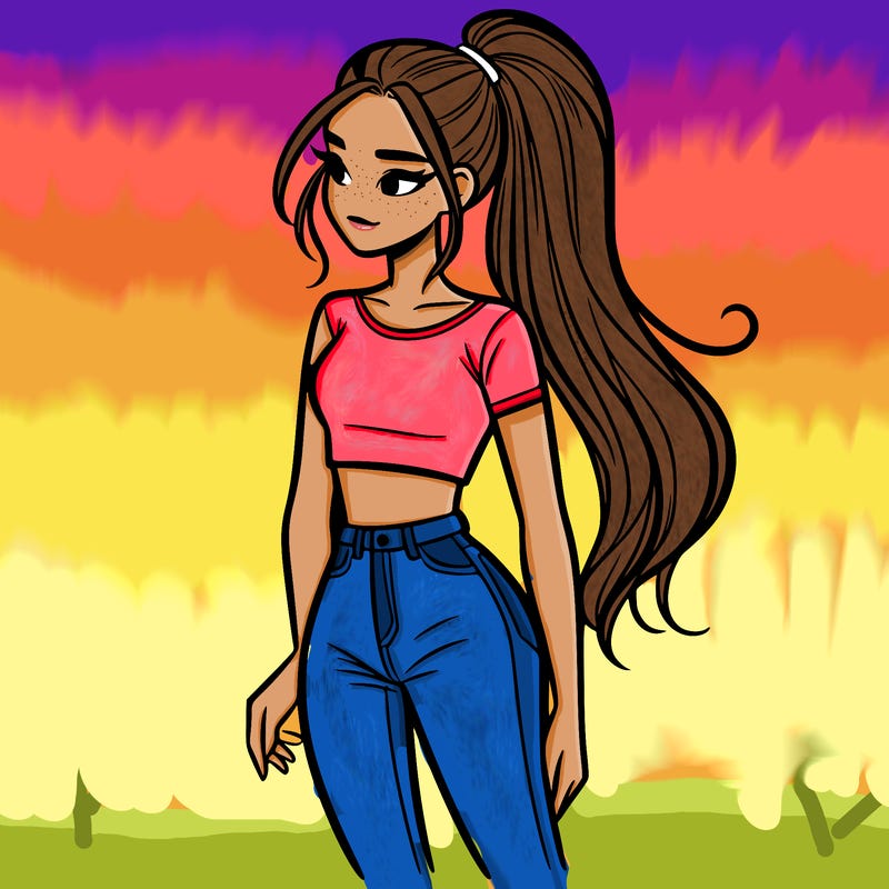 teenage girl with jeans and a crop top with long hair in a high ponytail