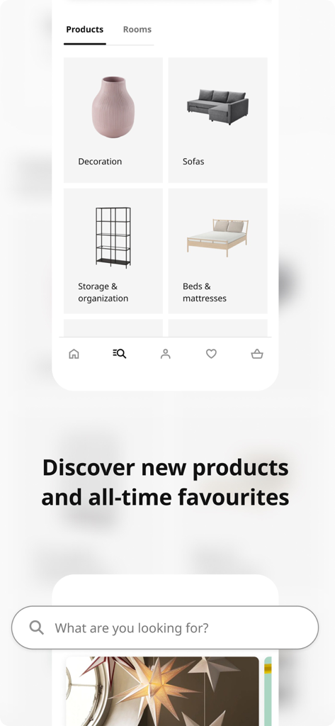 IKEA app interface showing product categories like decoration, sofas, and beds with a search bar and discovery headline