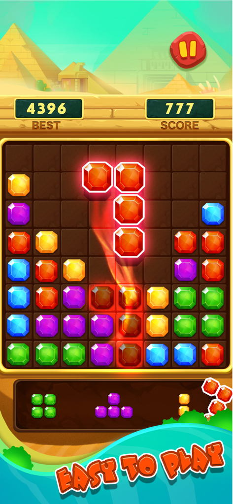 Block Puzzle - Blast Jigsaw - A jewel block puzzle game screen with colorful gems and a pyramid background