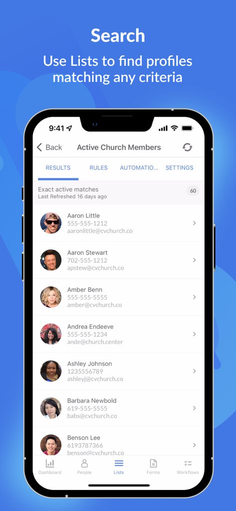 Planning Center People - Interface de l'application Planning Center People affichant une liste consultable de membres d'église actifs avec leurs coordonnées.
