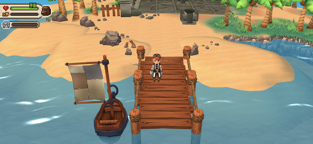 Evoland 2 - Un personaje de pie en un muelle de madera en un entorno tropical 3D en Evoland 2