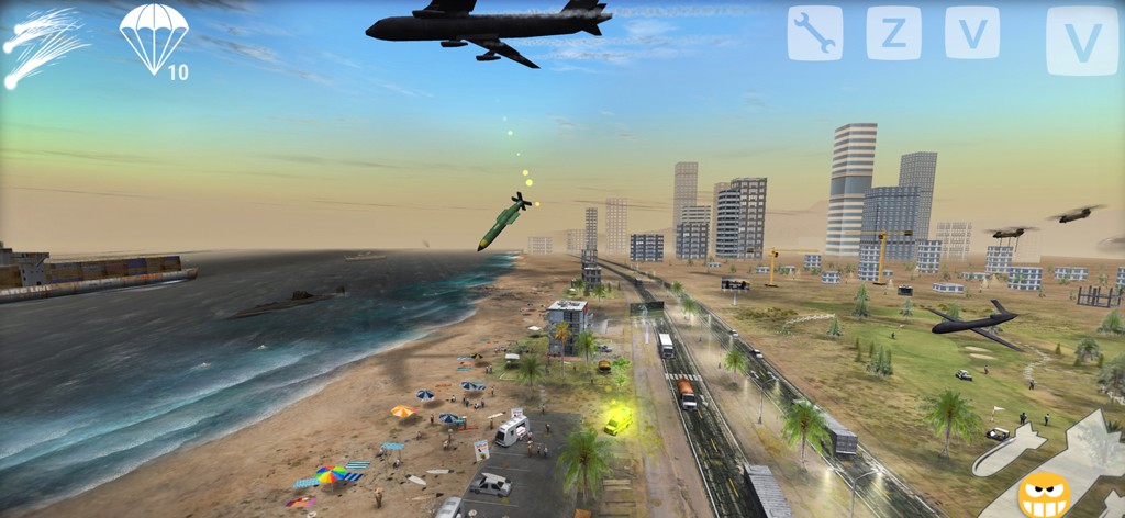 Nuke Em All 2 - An airplane dropping a bomb over a coastal city in Nuke Em All 2