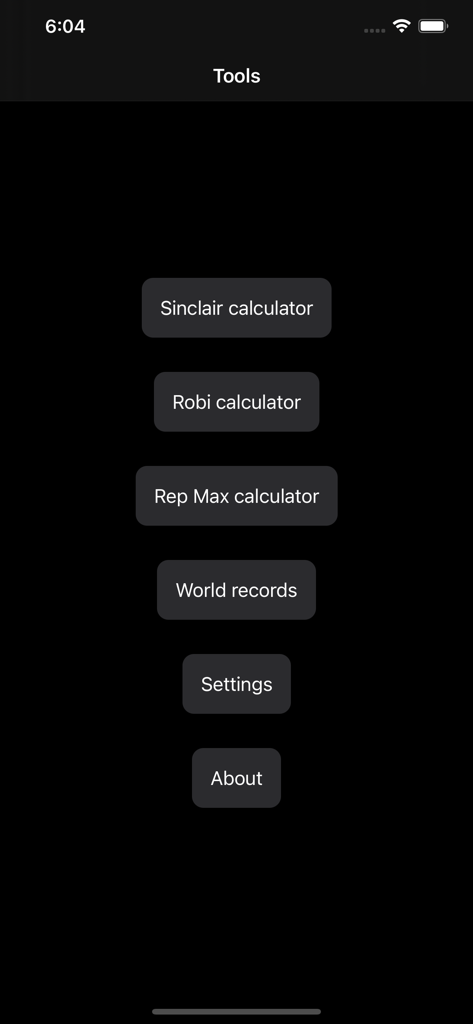 Weightlifting Toolkit - Tools menu of the Weightlifting Toolkit app showing Sinclair Robi and Rep Max calculators
