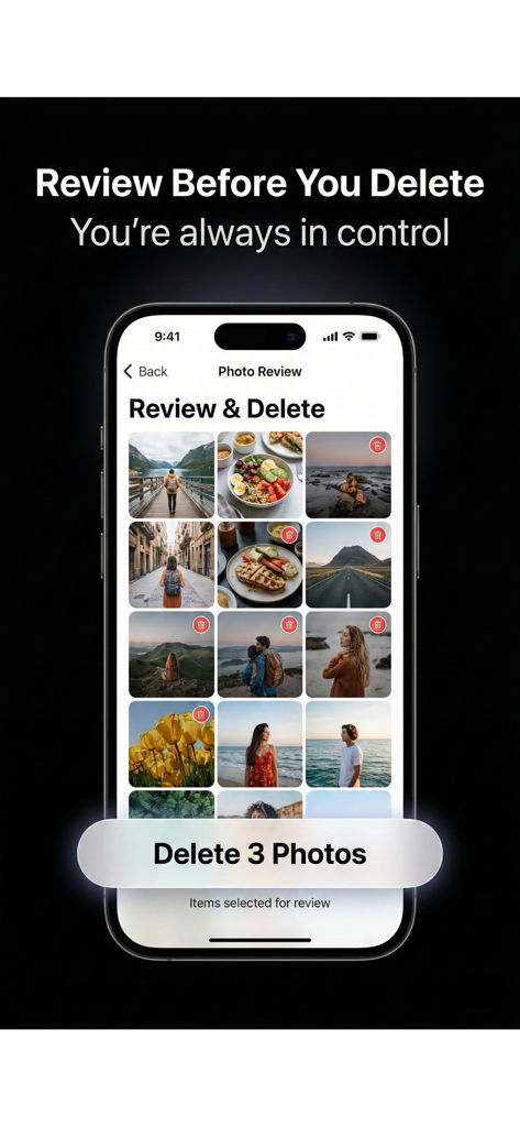 Photo Cleaner &Storage Cleaner - Pantalla de iPhone que muestra la interfaz de la aplicación Photo Cleaner para revisar y eliminar fotos seleccionadas para liberar espacio de almacenamiento