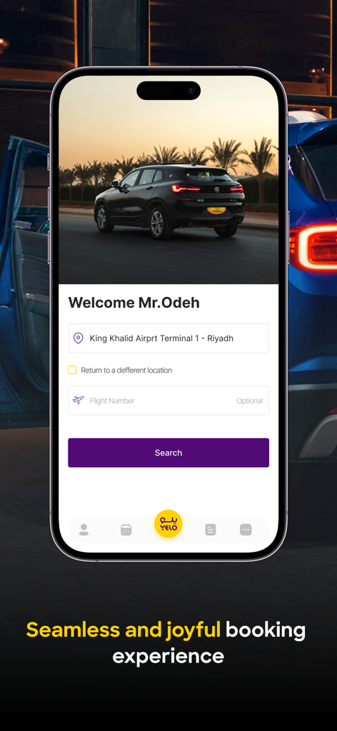 Yelo mobile app interface showing car rental search at King Khalid Airport Terminal 1 Riyadh