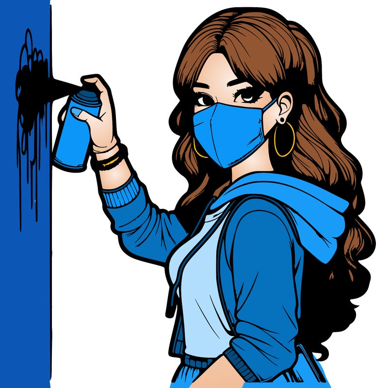realistic girl with mask spray painting a wall