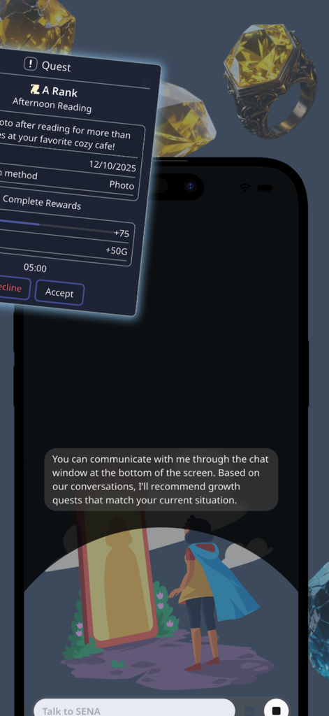 SENA: To-Do × RPG - SENA app interface showing an AI recommended quest and chat window for gamified productivity