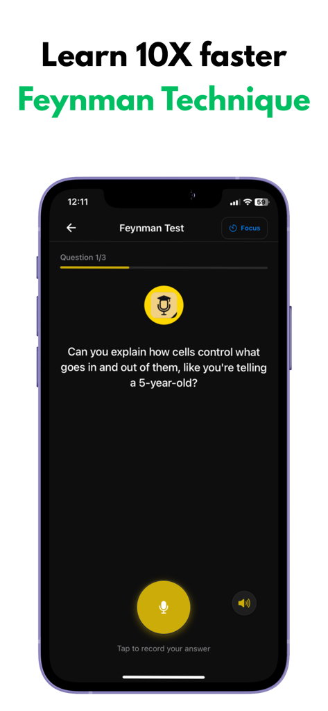 Interface de l'application StudyTok AI montrant une question de test de la Technique Feynman avec une option d'enregistrement vocal pour le rappel actif