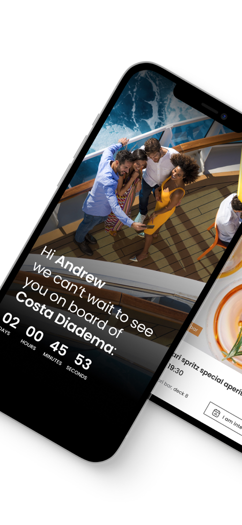 Costa Cruises - Uno schermo di smartphone che mostra un conto alla rovescia per la partenza di una crociera sulla nave Costa Diadema all'interno dell'app Costa Cruises.