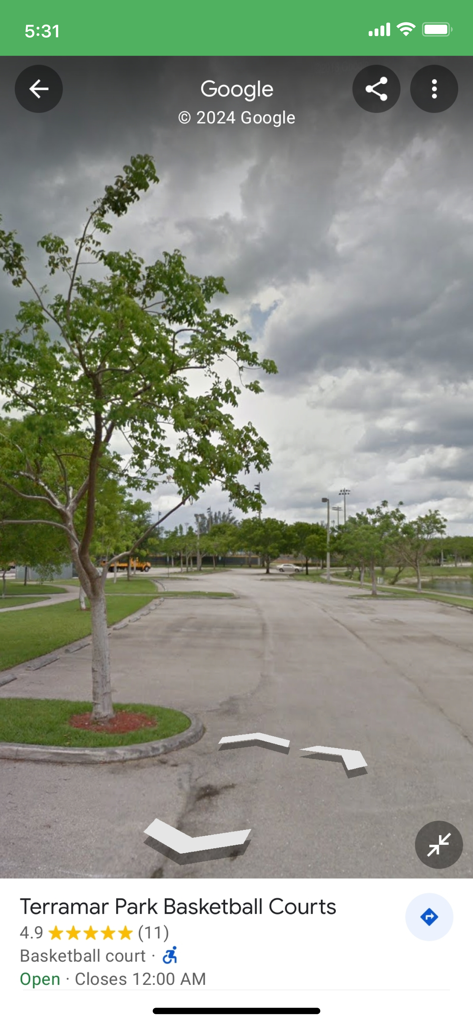 Street view of Terramar Park Basketball Courts location within the Tracki GPS app interface