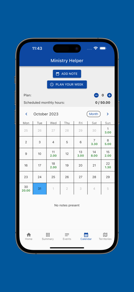 Aplicativo Ministry Helper mostrando uma visualização de calendário mensal para acompanhar horas de serviço e planejar a semana