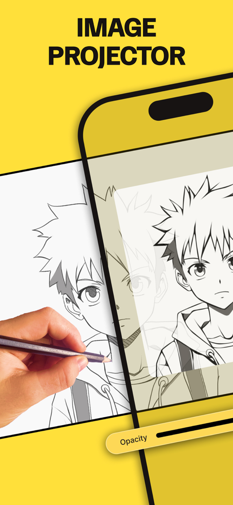 Uma mão a desenhar uma personagem de anime usando a funcionalidade de projetor de imagem em RA da aplicação Trace Table num smartphone