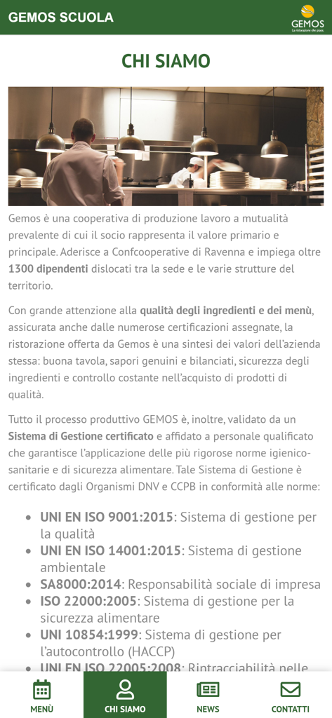 Gemos Scuola - Screenshot of Gemos Scuola app showing the company profile and certifications with a professional kitchen background